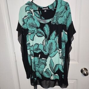 JM Collection Teal Floral Beaded Kaftan Tunic Top Plus Size 2X Sheer Trim